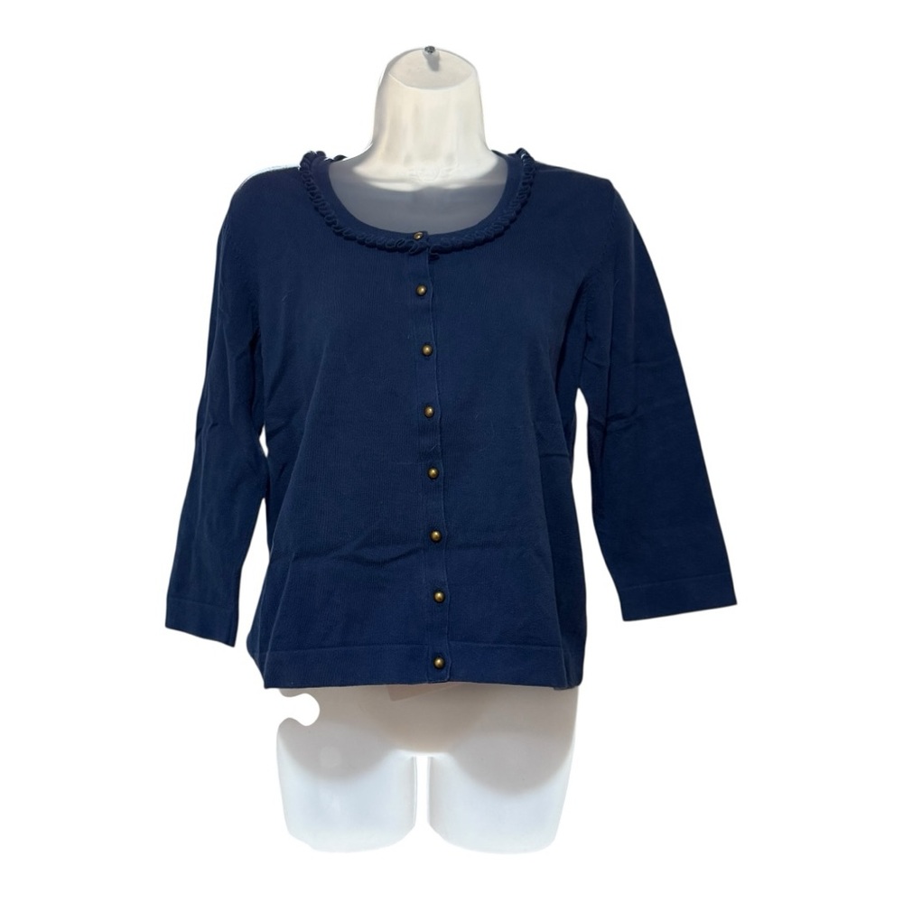 Lands' End Cardigan Sweater Womens S Navy Blue Excellent Ruffle Neck 3/4 Sleeve